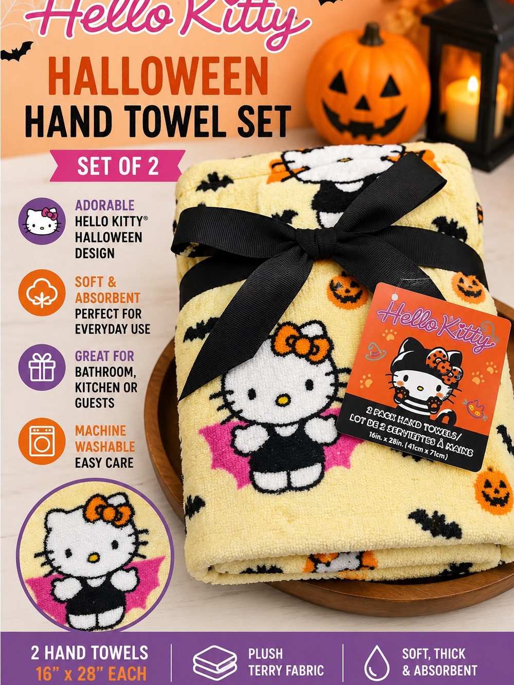 Hello Kitty Yellow & Black Halloween Hand Towel Set